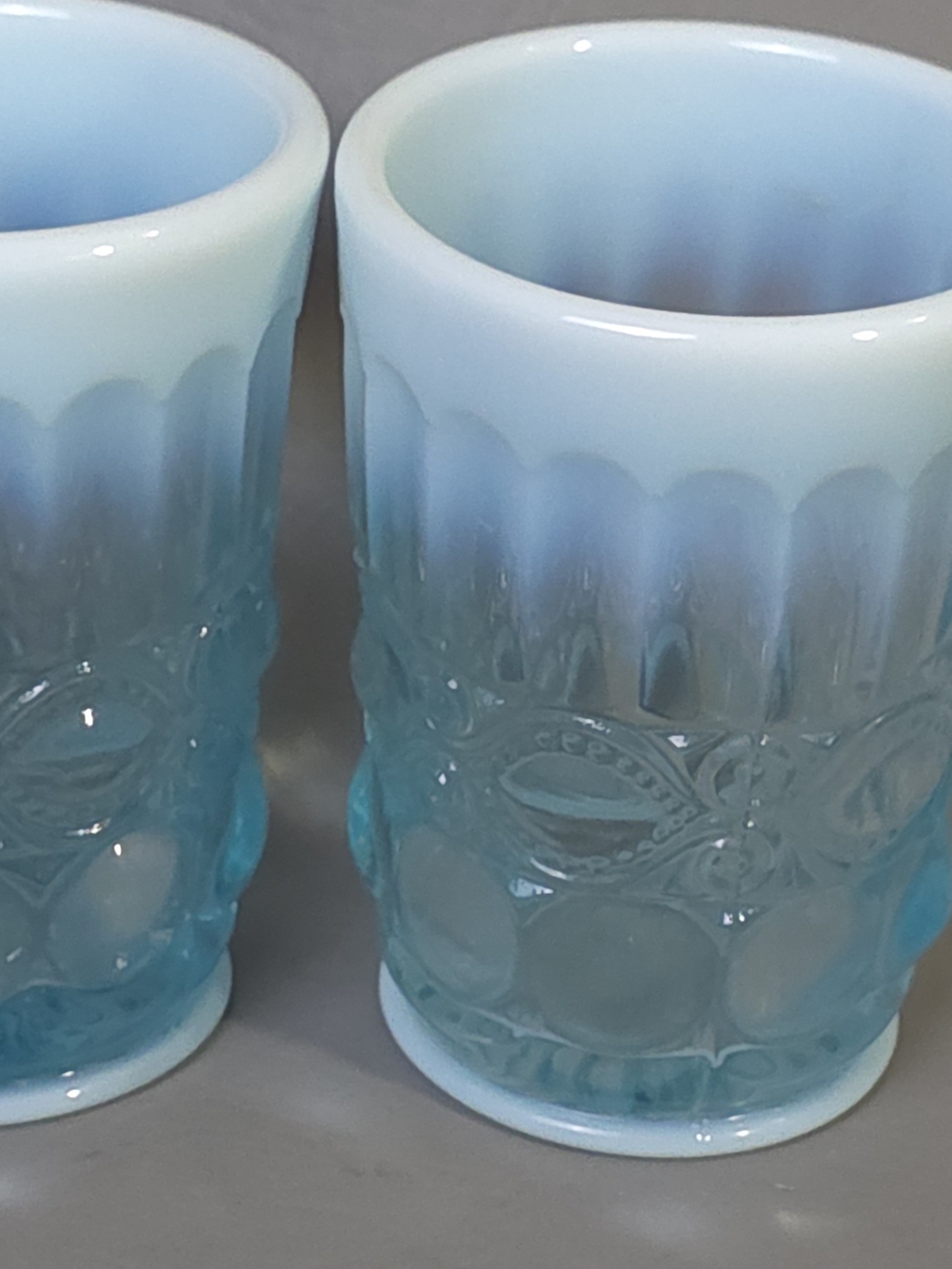 Vintage Mosser Eye Winker Blue White Opalescent Glass Tumbler - Pair